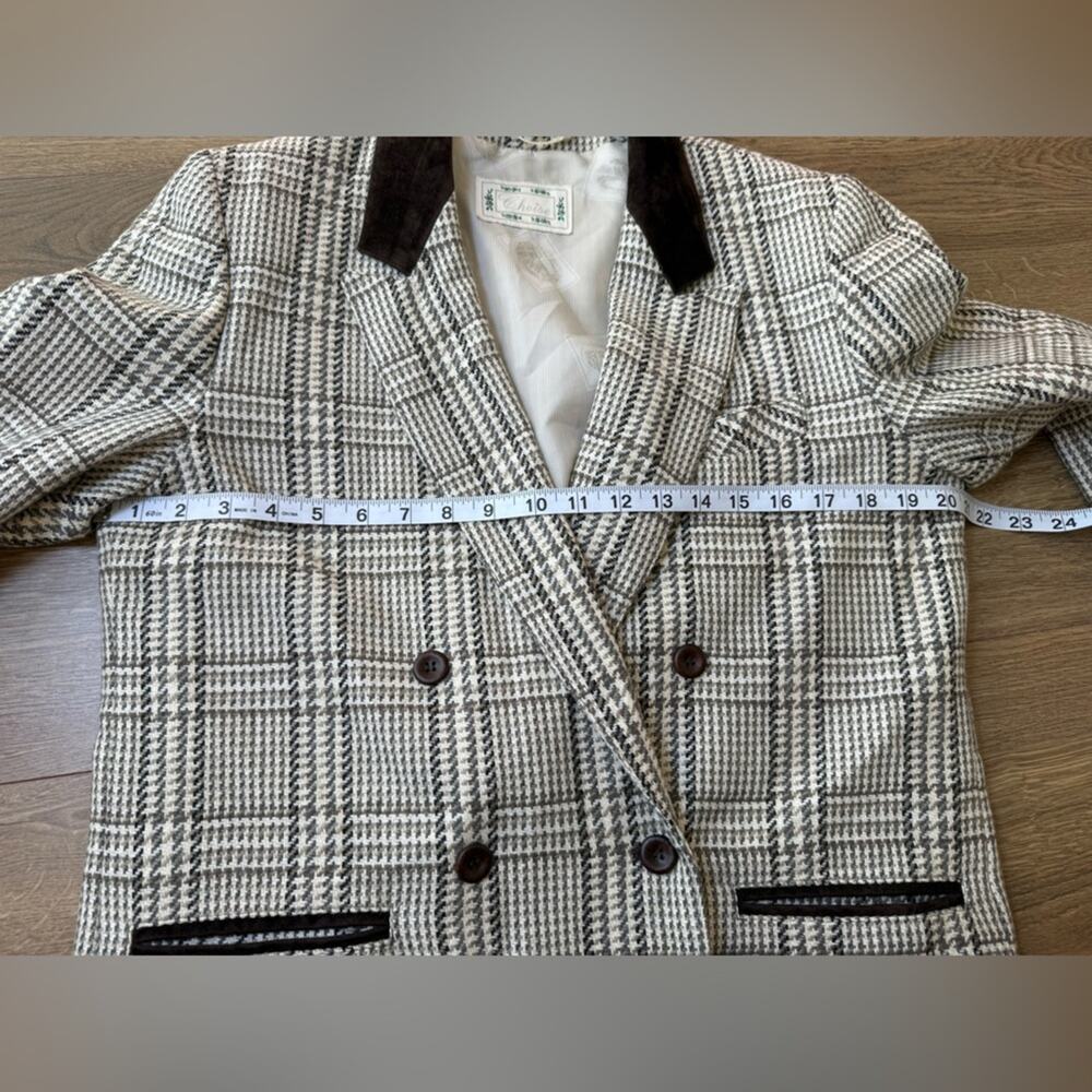 Vintage Choise Wool Tweed Plaid Double Breasted Blazer Suede Trim Size 8 - Picture 8 of 14